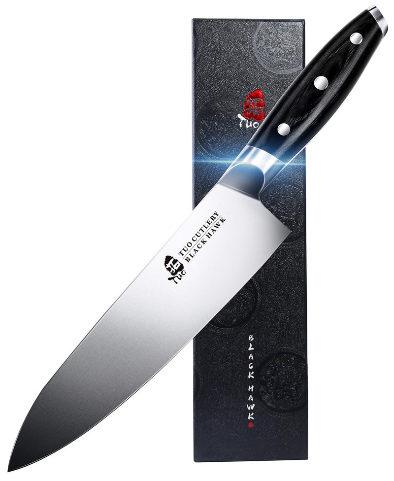 TUO Chef Knife -Professional Kitchen Chefs Knife Cooking Knife Gyuto Knives 8 Inch,Razor Sharp German HC Steel Japanese Chef Knife with Ergonomic Pakkawood Handle - BLACK HAWK SERIES in Gift Box - Image 1